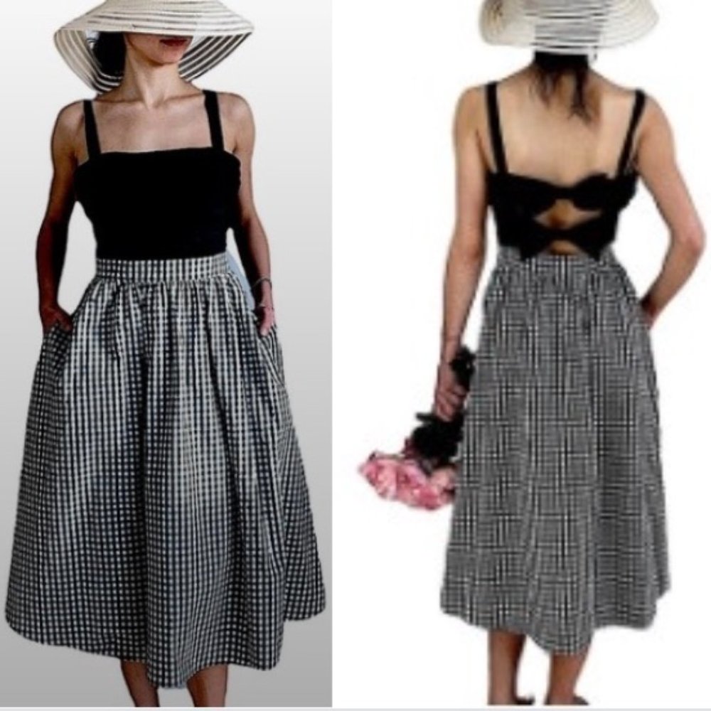 1901 Classic Cotton Gingham Fit & Flare Summer Midi Dress 10 Pockets Straps Bows